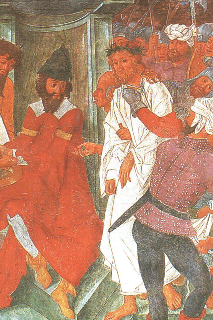 Particolare della parete di sinistra: Cristo davanti a Pilato.